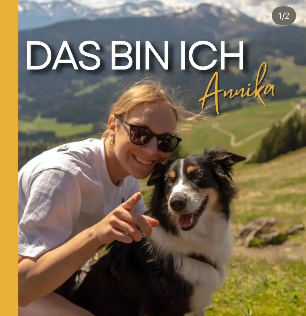 Annika mit Australian Shepherd vor Bergpanorama